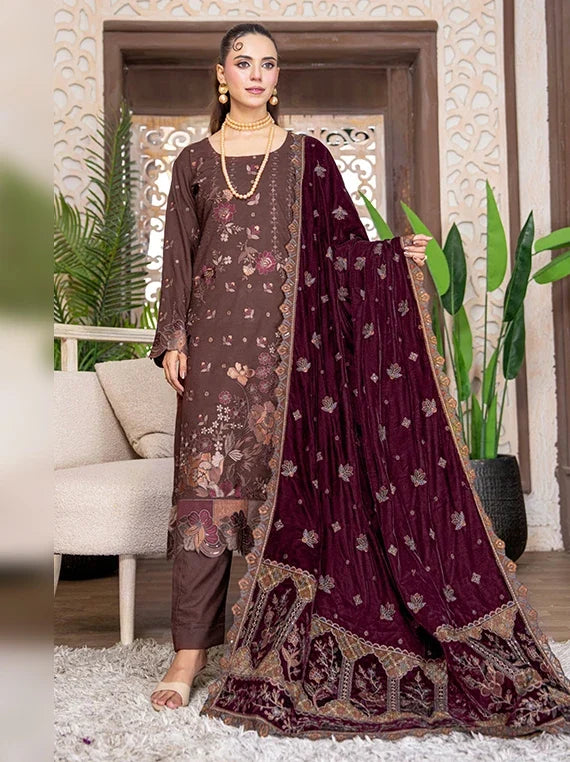 Kahani Peach Leather Collection With Embroidered Micro Velvet Shawl BY Riaz Arts (D-02)