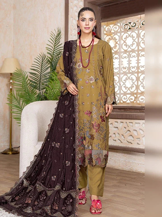 Kahani Peach Leather Collection With Embroidered Micro Velvet Shawl BY Riaz Arts (D-05)
