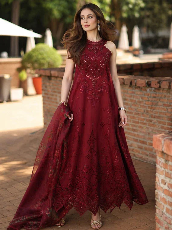 NOOR by Saadia Asad Lux Eid Laserkari Lawn Collection 2026 (D12-Amalfi Rouge)