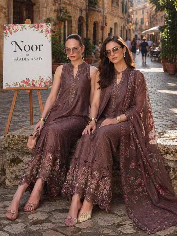 NOOR by Saadia Asad Lux Eid Laserkari Lawn Collection 2026 (D3-Espresso Rose)