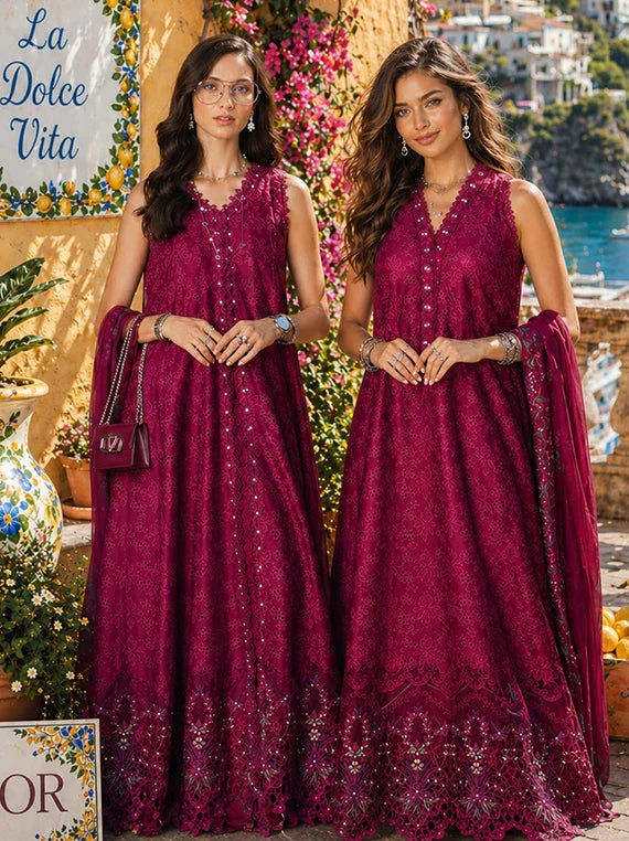 NOOR by Saadia Asad Lux Eid Laserkari Lawn Collection 2026 (D4-Fuchia Élégance)
