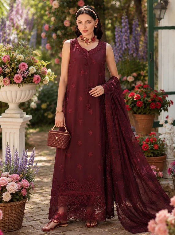 NOOR Eid LUX Lawn By Sadia Asad Collection 2026 (D10 – Burgundy)