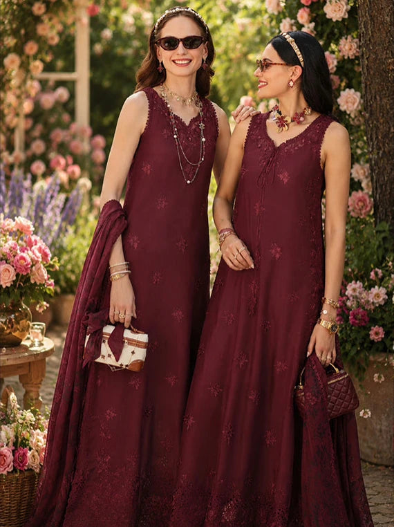 NOOR Eid LUX Lawn By Sadia Asad Collection 2026 (D10 – Burgundy)