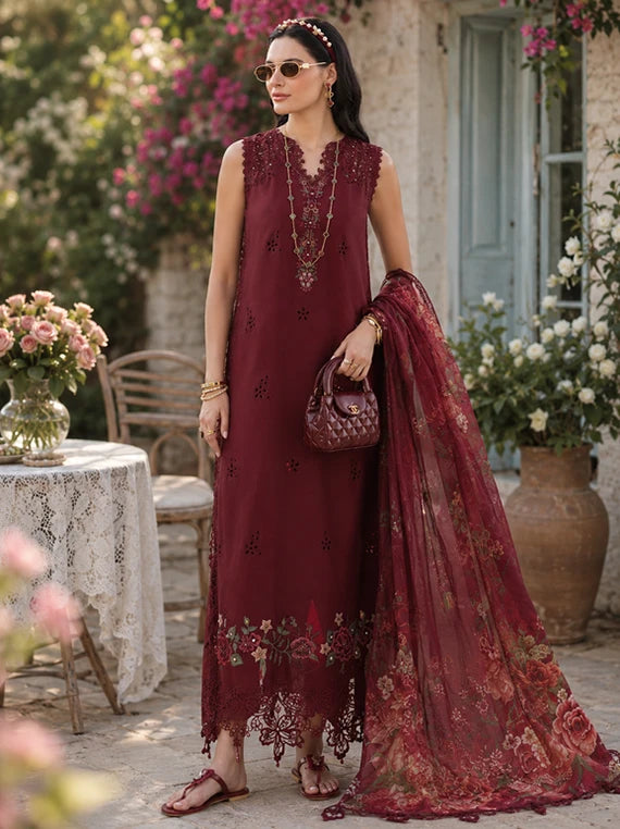 NOOR Eid LUX Lawn By Sadia Asad Collection 2026 (D14 – Ruby Royale)