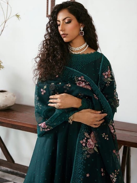 Iris Embroidered Eid Lawn Collection 2023 By Jazmin (GREEN GEMSTONE)-Gallery